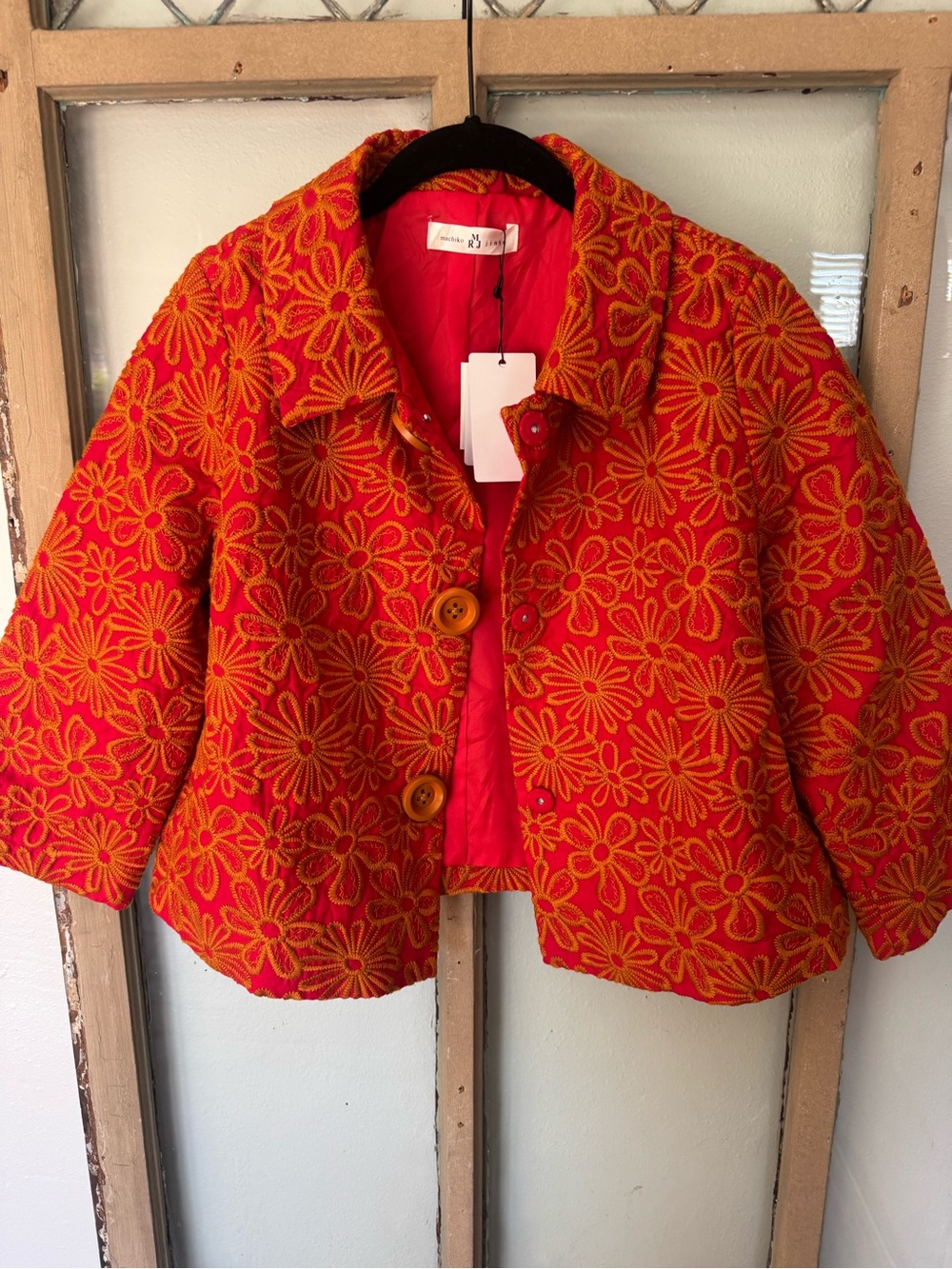Women's Red jacket with goldenFloral Embroidery -super fun flattering fashion!!